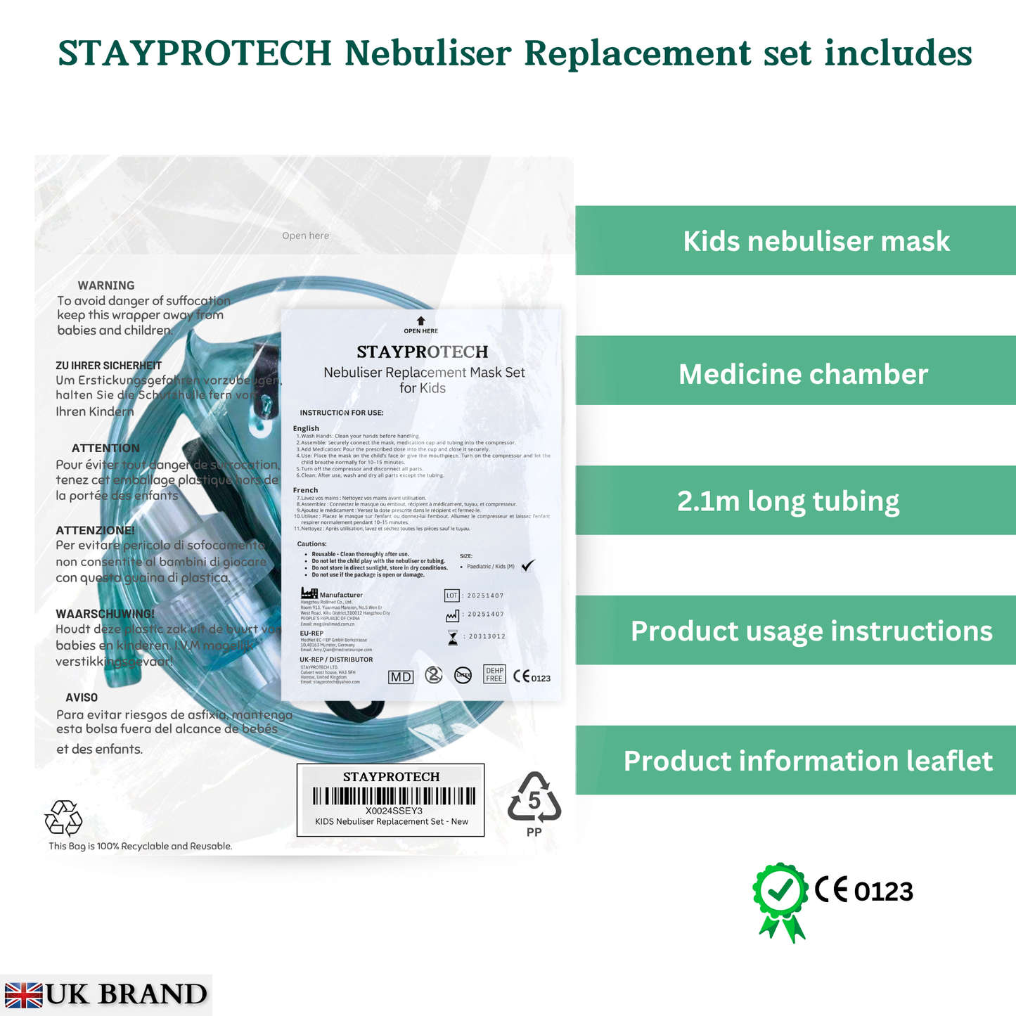 STAYPROTECH Nebuliser replacement accessories set for Kid's - Mask, Medicine chamber, 2.1m nebuliser tubing.