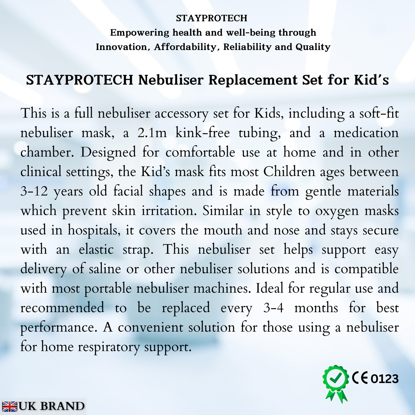 STAYPROTECH Nebuliser replacement accessories set for Kid's - Mask, Medicine chamber, 2.1m nebuliser tubing.