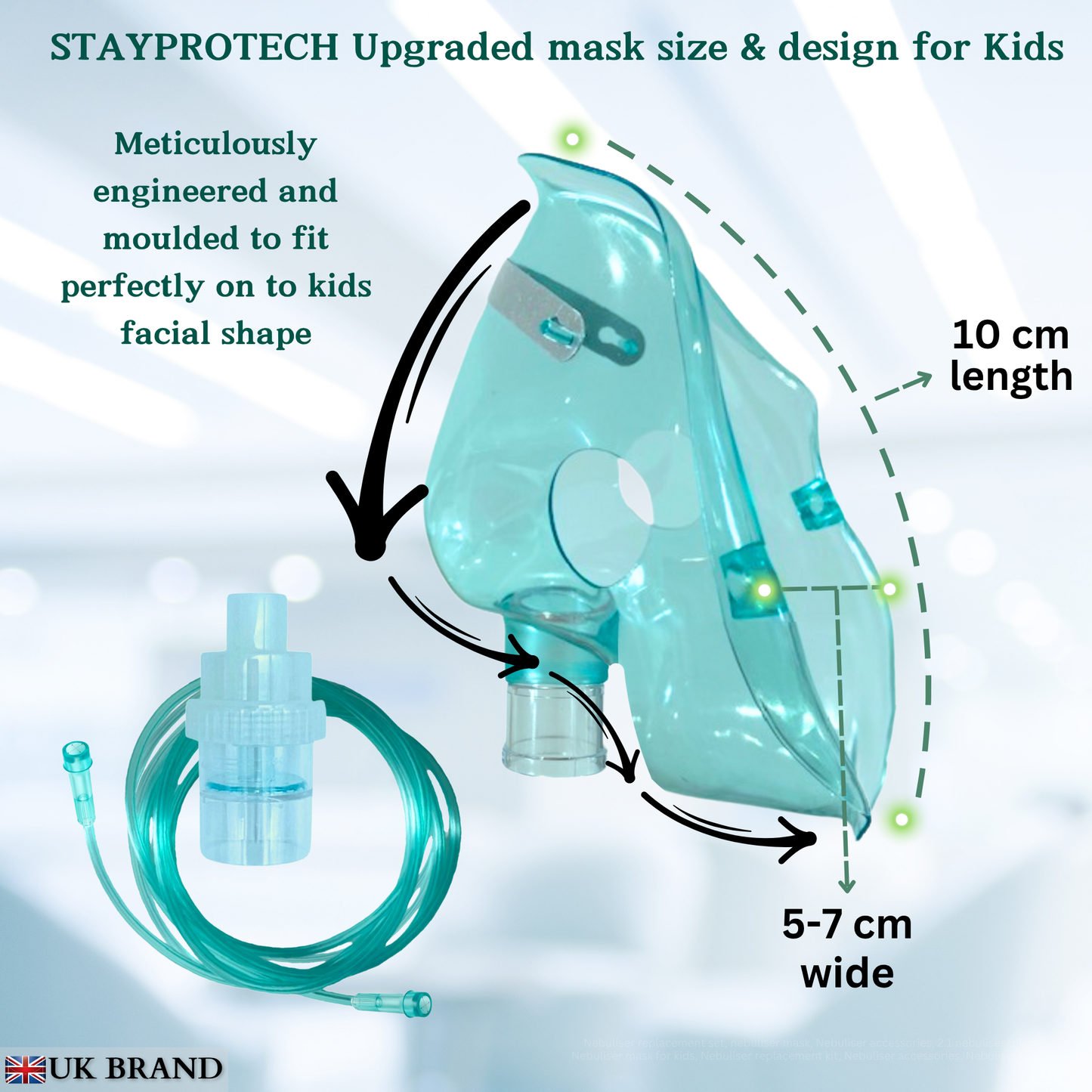 STAYPROTECH Nebuliser replacement accessories set for Kid's - Mask, Medicine chamber, 2.1m nebuliser tubing.