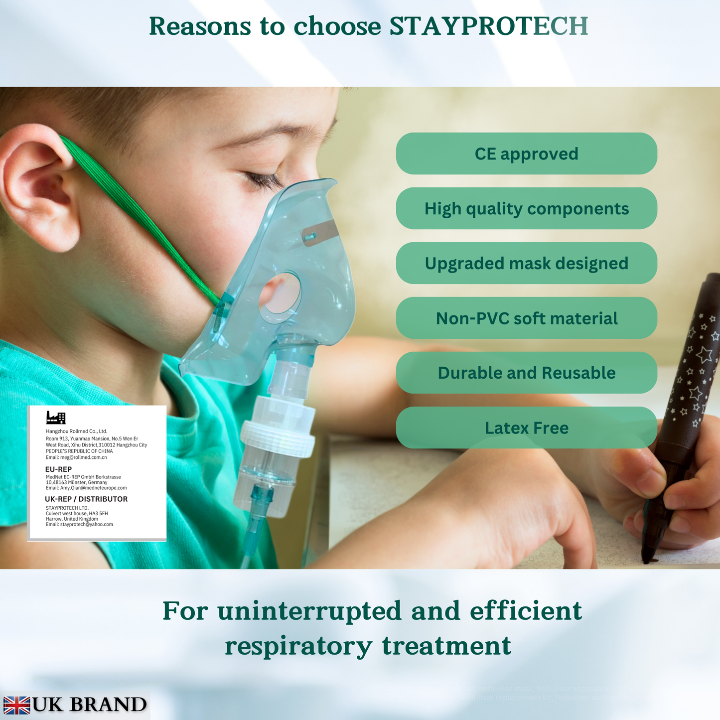 STAYPROTECH Nebuliser replacement accessories set for Kid's - Mask, Medicine chamber, 2.1m nebuliser tubing.