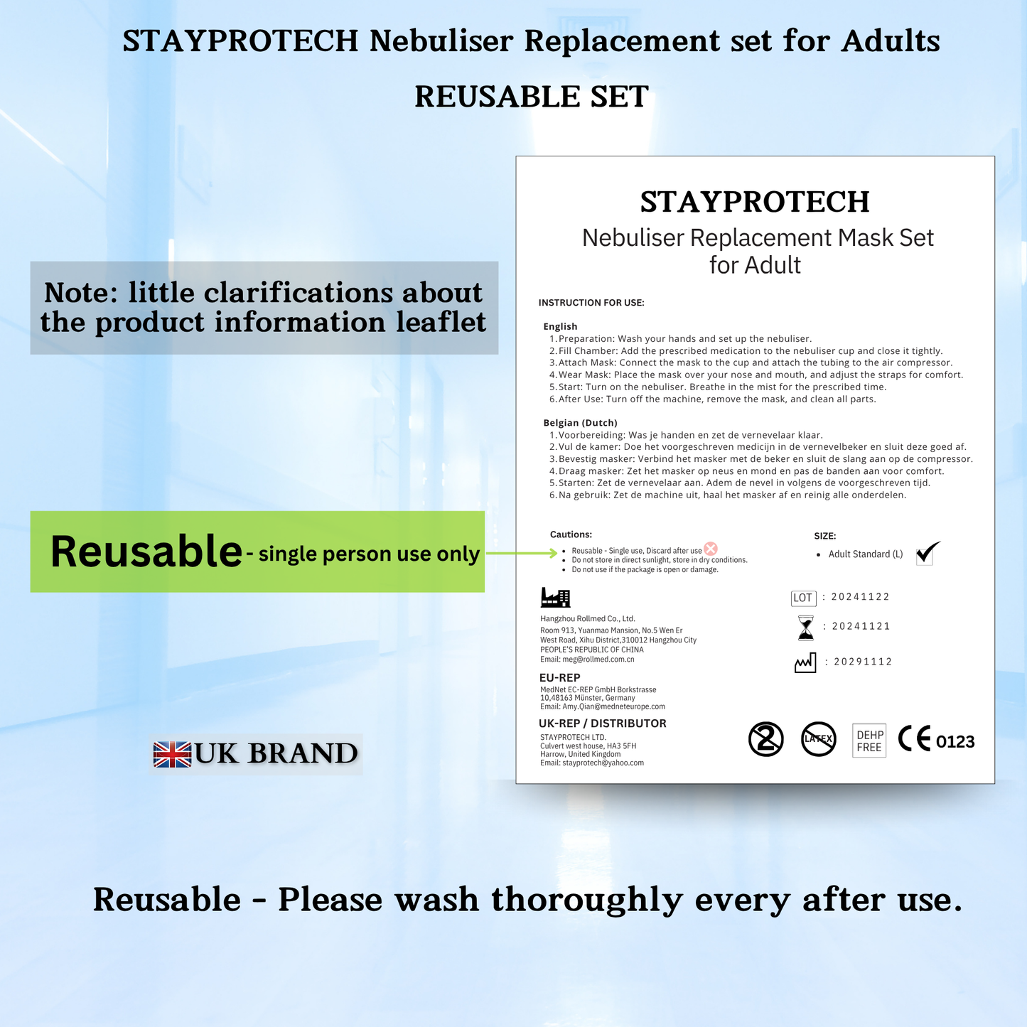 STAYPROTECH Nebuliser Replacement Accessory Set for Adults – Mask, Chamber & 2.1m Tubing – Universal Fit for Most Nebulisers.