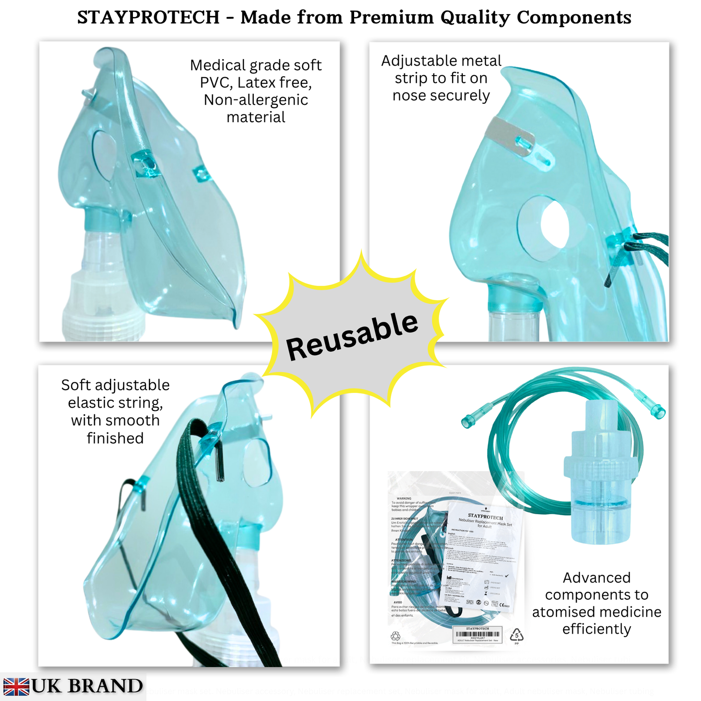 STAYPROTECH Nebuliser Replacement Accessory Set for Adults – Mask, Chamber & 2.1m Tubing – Universal Fit for Most Nebulisers.