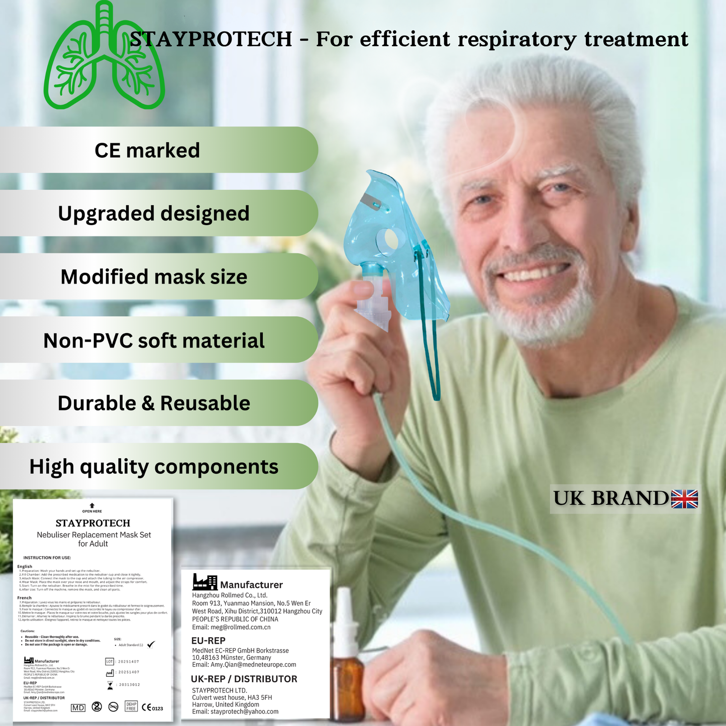 STAYPROTECH Nebuliser Replacement Accessory Set for Adults – Mask, Chamber & 2.1m Tubing – Universal Fit for Most Nebulisers.