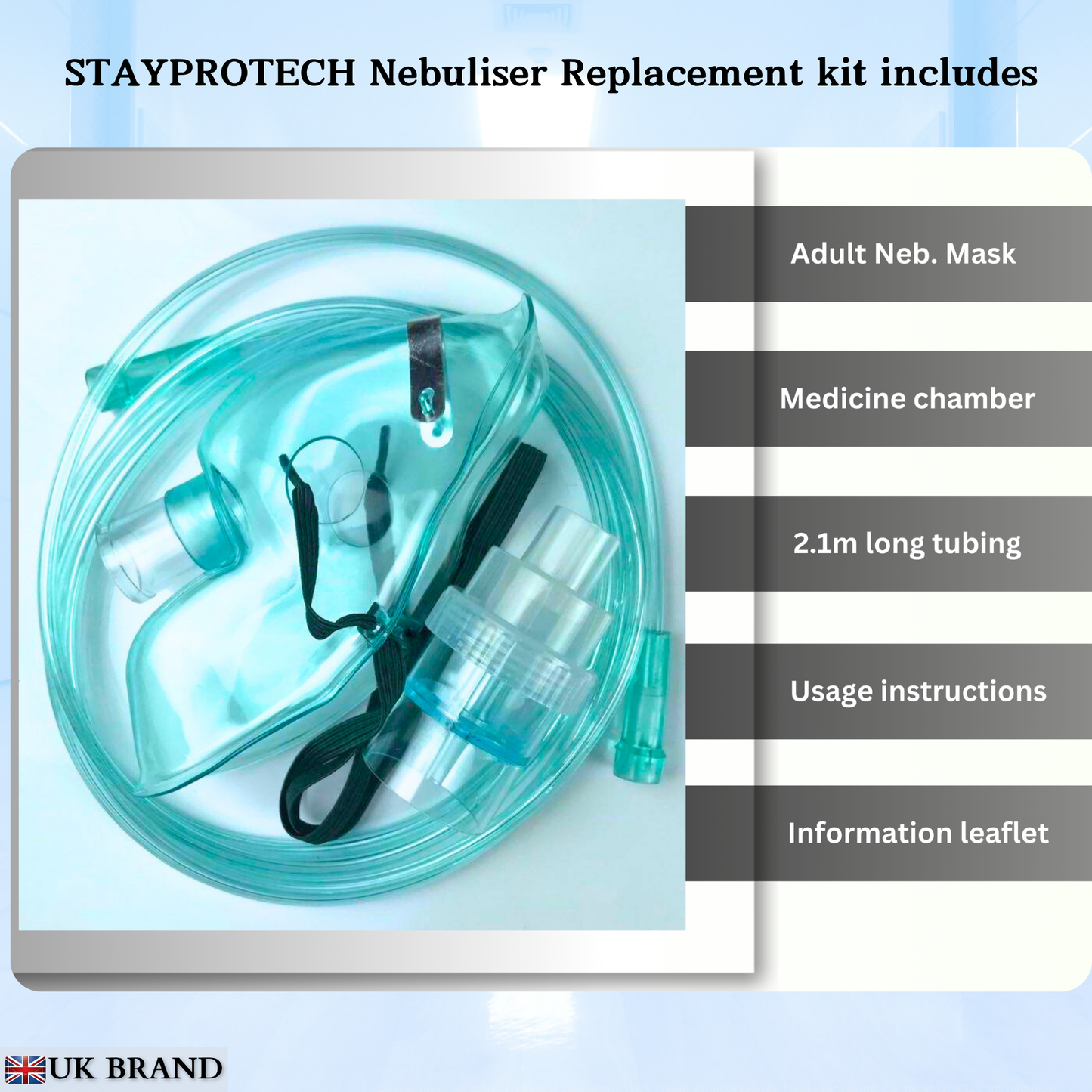 STAYPROTECH Nebuliser Replacement Accessory Set for Adults – Mask, Chamber & 2.1m Tubing – Universal Fit for Most Nebulisers.