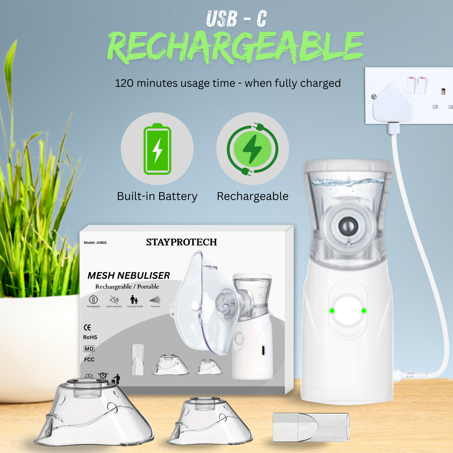 STAYPROTECH Portable Nebuliser Machine for Adults & Kids, Rechargeable USB-C nebuliser steam inhaler, Compact handheld nebulizer respiratory relief.