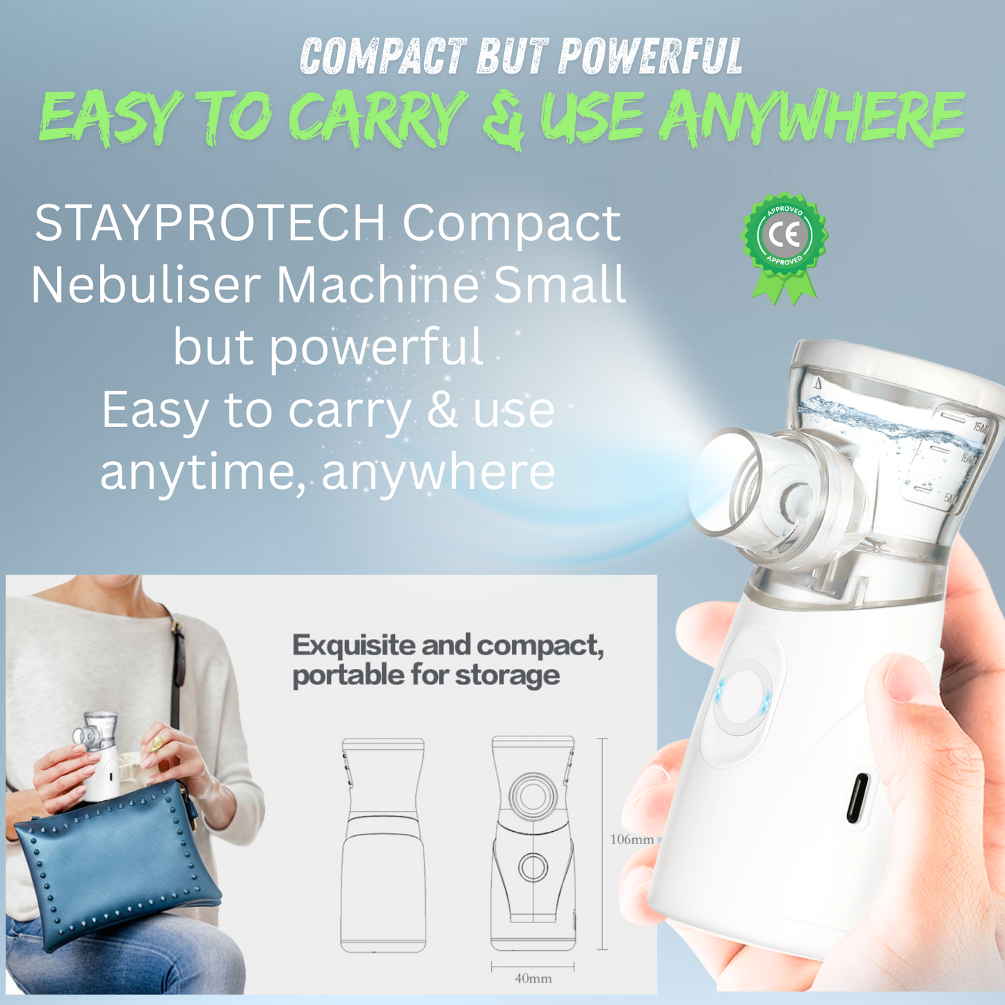 STAYPROTECH Portable Nebuliser Machine for Adults & Kids, Rechargeable USB-C nebuliser steam inhaler, Compact handheld nebulizer respiratory relief.