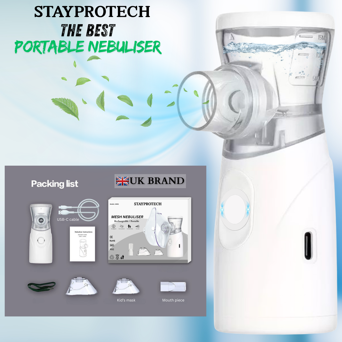 STAYPROTECH Portable Nebuliser Machine for Adults & Kids, Rechargeable USB-C nebuliser steam inhaler, Compact handheld nebulizer respiratory relief.