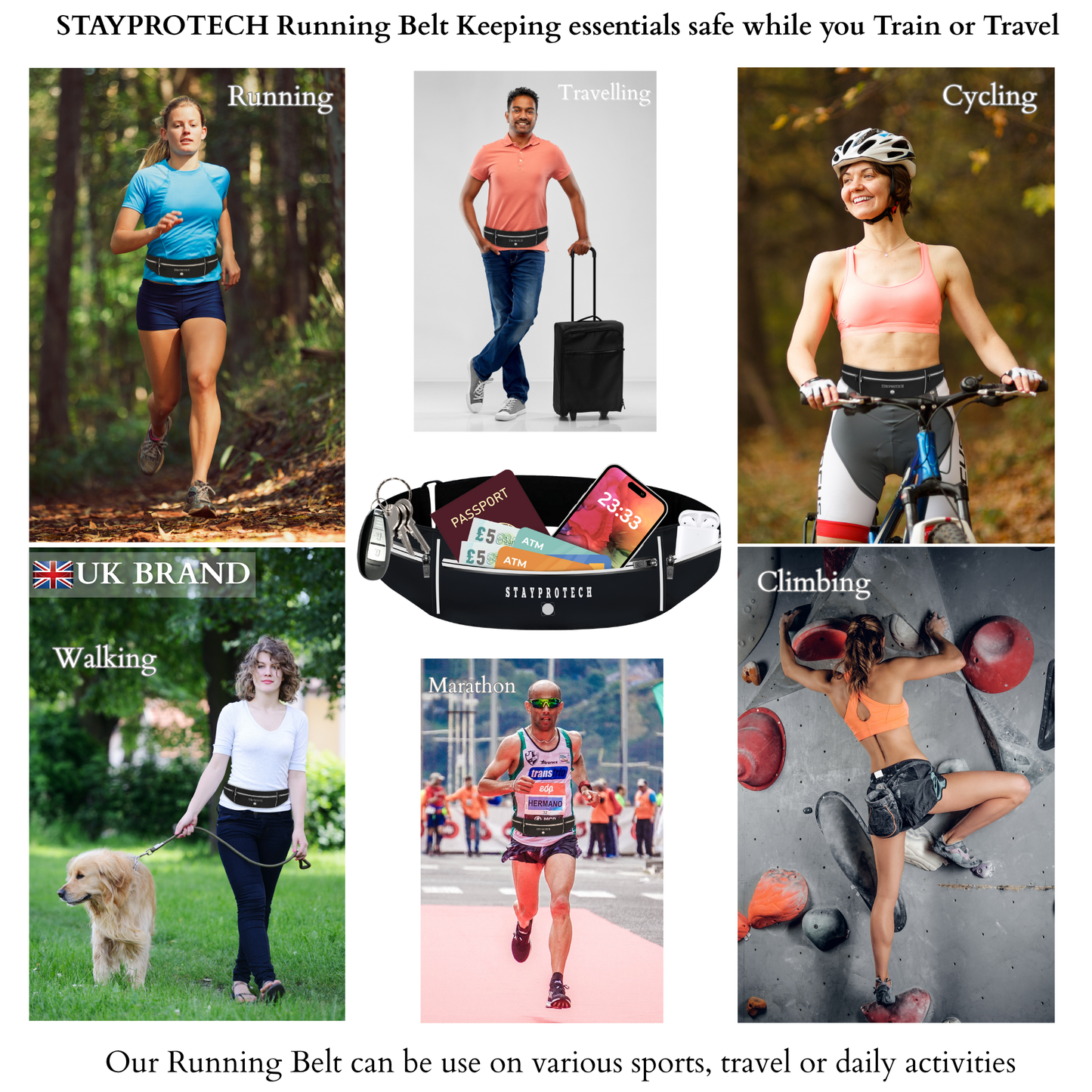 STAYPROTECH Running belt, large capacity phone holder for running, Adjustable waist bag for men & women, Waterproof Ultra-slim belt bag running phone holder and money belt.