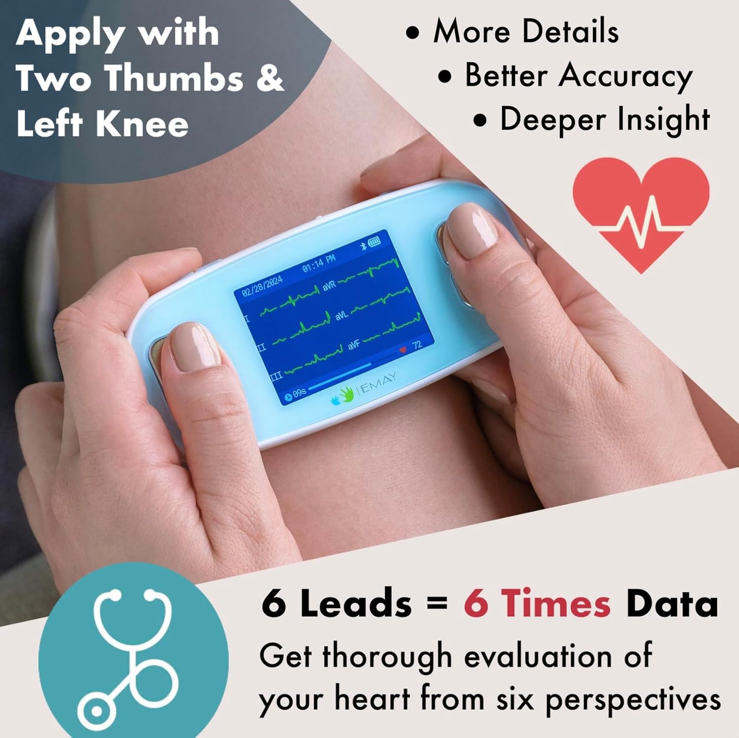 Portable 6-Lead ECG Monitor, Record ECG and Heart Rate in 6 Channels, Compatible with Smartphone and PC - No Subscription Required