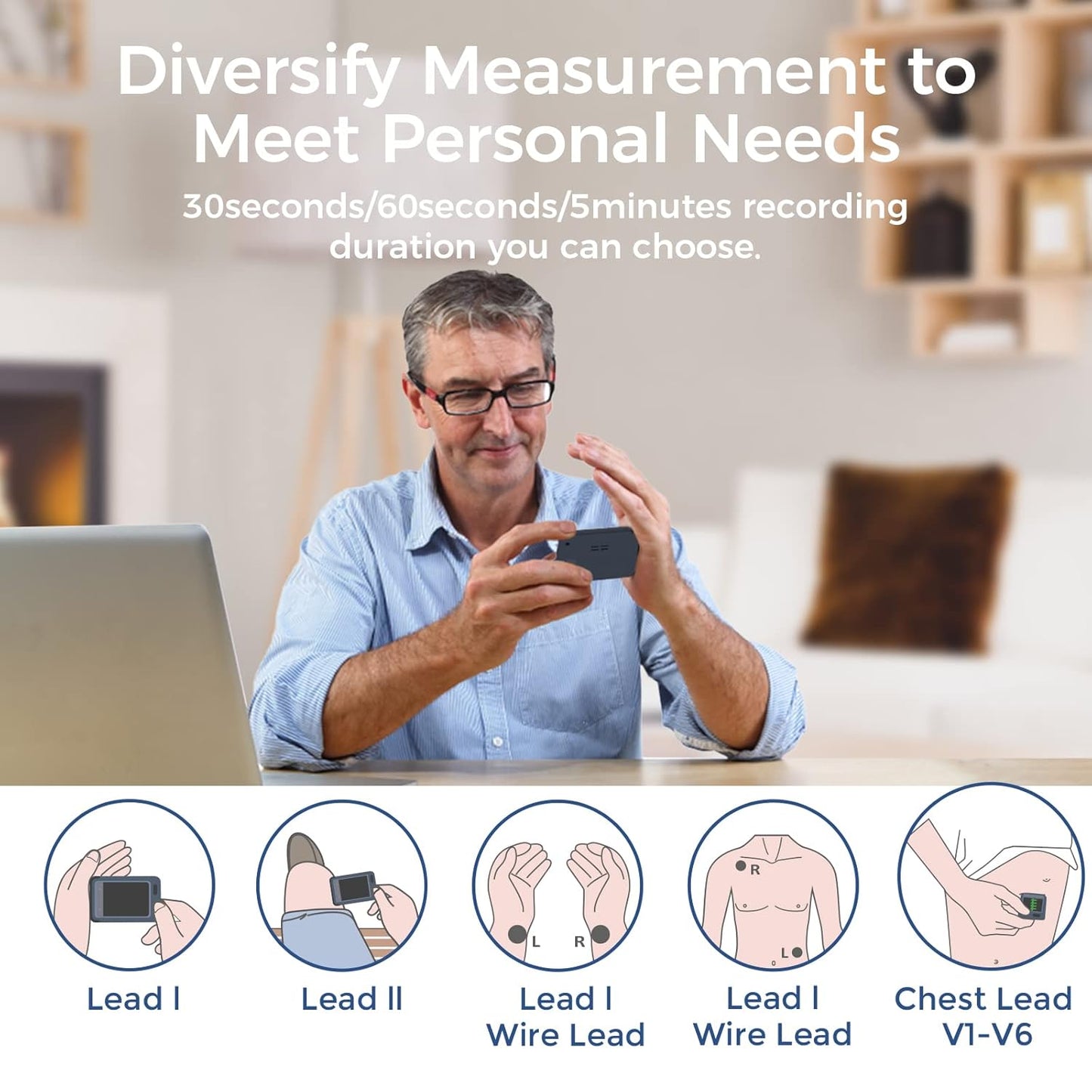 Portable ECG Monitor with Touch Screen, 30s/60s/5min ECG Recording, AI ECG Analysis, Home ECG Machine Supports Dual Users, Mobile Hearth Monitor, Unlimited Storage on Phone & PC