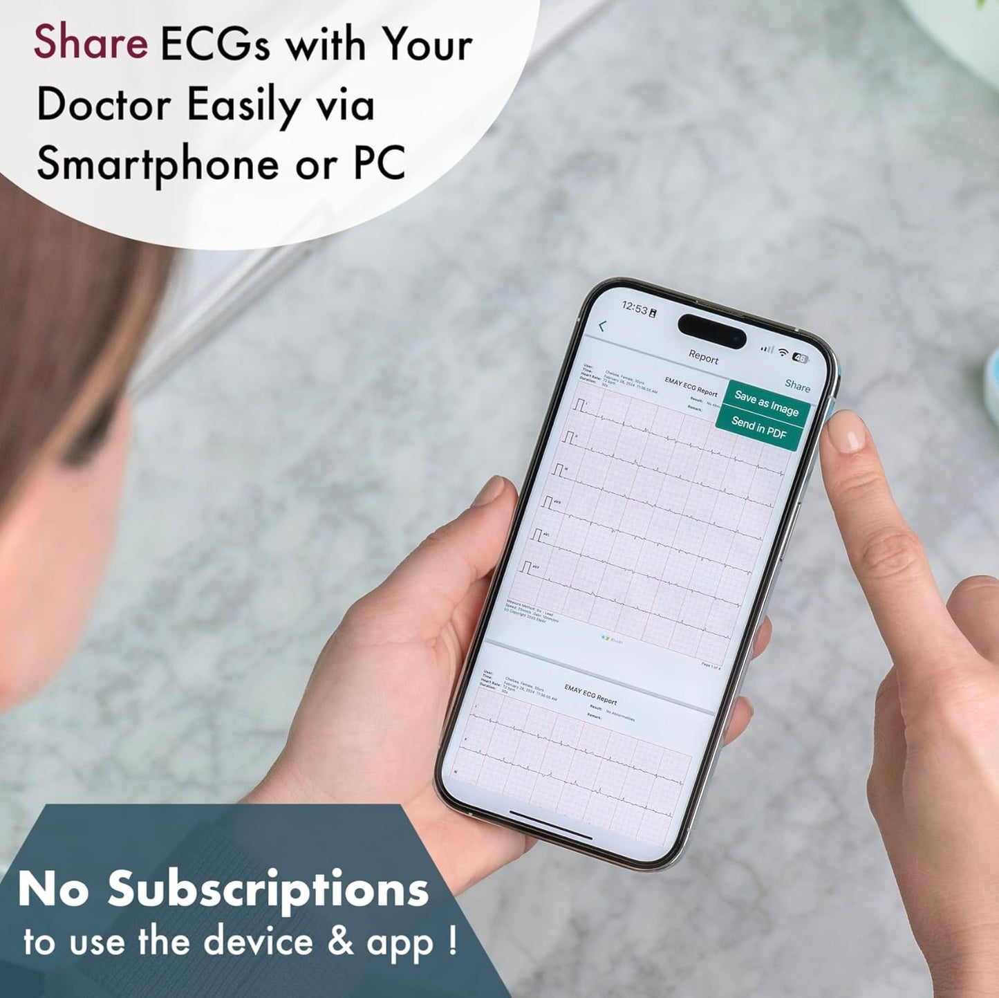 Portable 6-Lead ECG Monitor, Record ECG and Heart Rate in 6 Channels, Compatible with Smartphone and PC - No Subscription Required