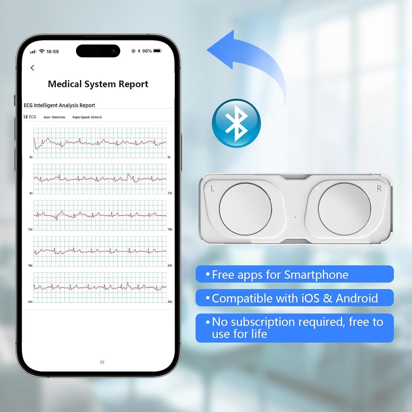 ECG Monitor, Portable ECG Monitor, Heart Rate Monitor Device for Home Use, Compatible with Smartphone，No Subscription