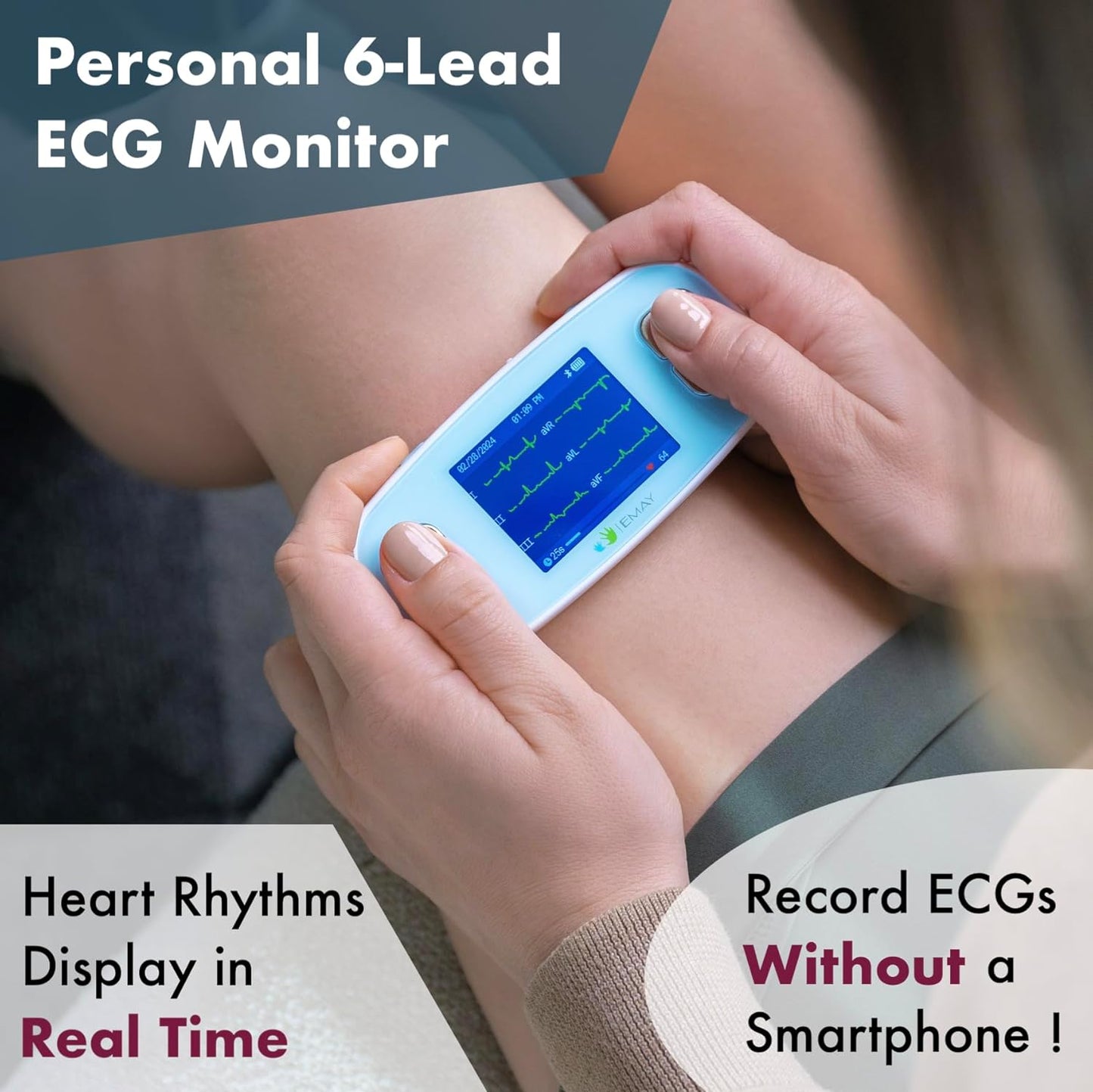Portable 6-Lead ECG Monitor, Record ECG and Heart Rate in 6 Channels, Compatible with Smartphone and PC - No Subscription Required