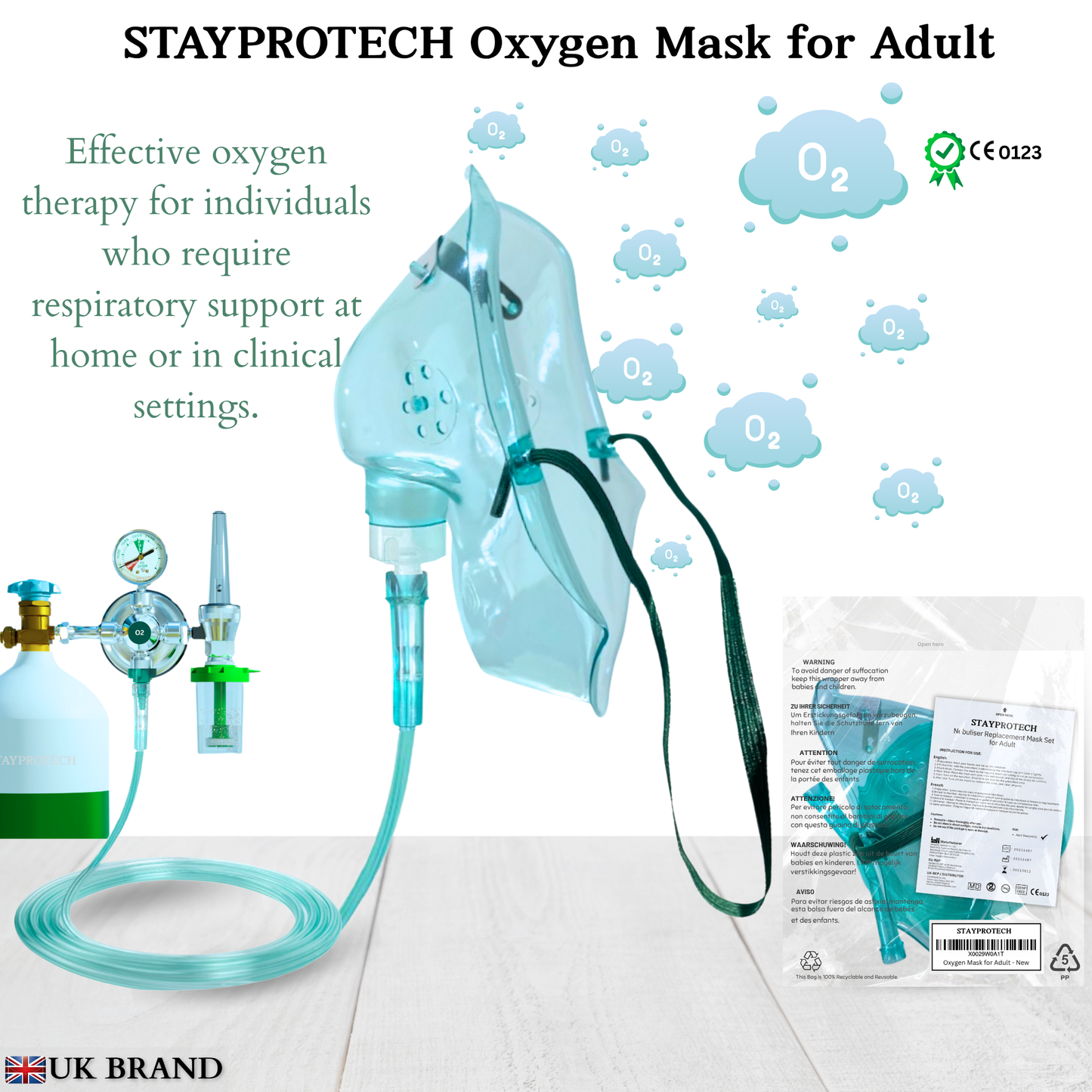 STAYPROTECH Oxygen Mask with 2.1m Tubing Medical Oxygen Mask for Adult. Enhances Oxygen Therapy at Home. Comfortable Fit, Adjustable Strap & Soft Medical Grade PVC.