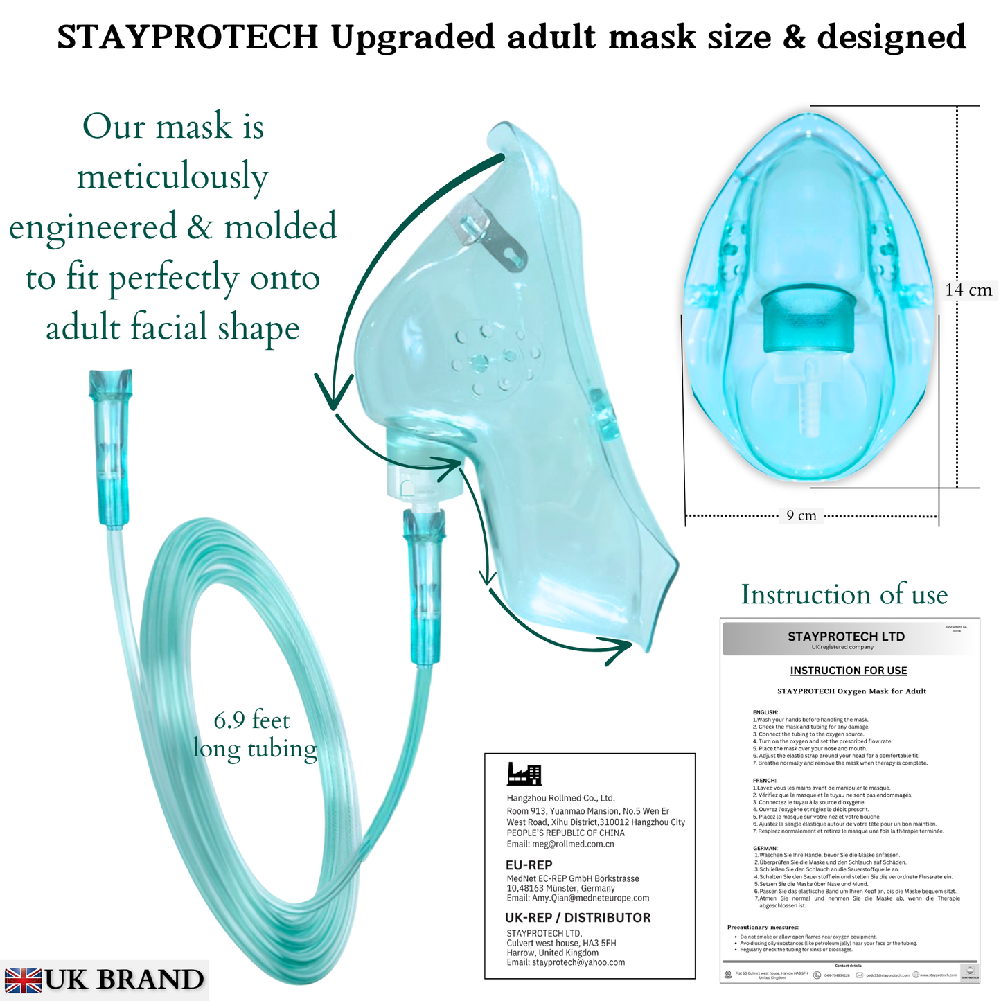 STAYPROTECH Oxygen Mask with 2.1m Tubing Medical Oxygen Mask for Adult. Enhances Oxygen Therapy at Home. Comfortable Fit, Adjustable Strap & Soft Medical Grade PVC.