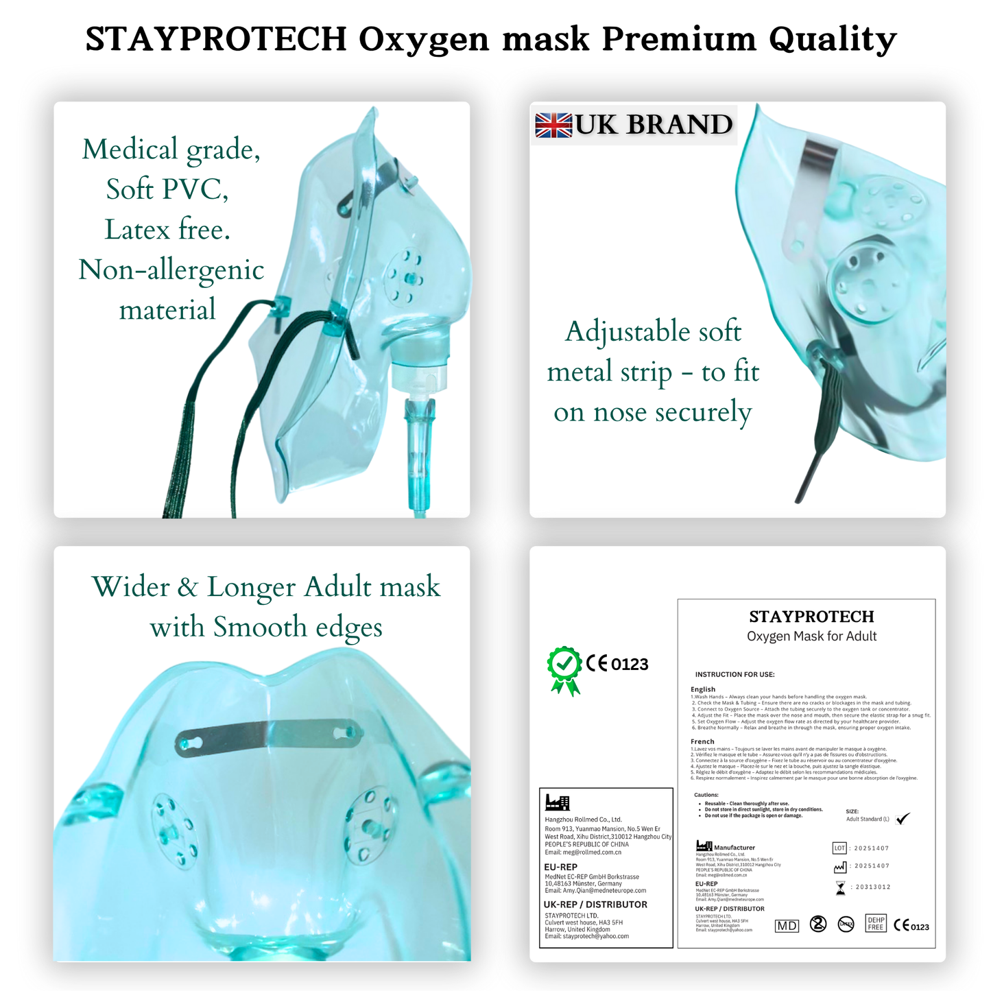 STAYPROTECH Oxygen Mask with 2.1m Tubing Medical Oxygen Mask for Adult. Enhances Oxygen Therapy at Home. Comfortable Fit, Adjustable Strap & Soft Medical Grade PVC.