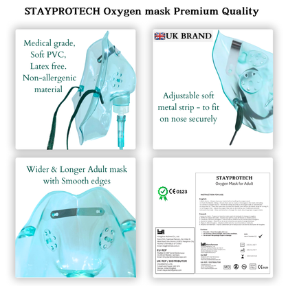 STAYPROTECH Oxygen Mask with 2.1m Tubing Medical Oxygen Mask for Adult. Enhances Oxygen Therapy at Home. Comfortable Fit, Adjustable Strap & Soft Medical Grade PVC.