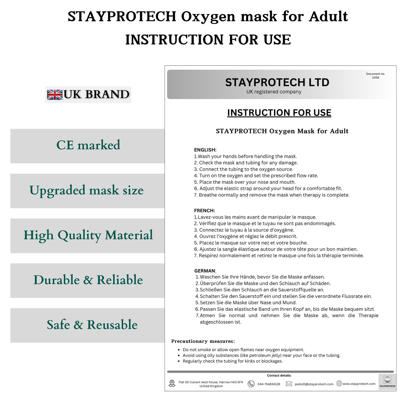 STAYPROTECH Oxygen Mask with 2.1m Tubing Medical Oxygen Mask for Adult. Enhances Oxygen Therapy at Home. Comfortable Fit, Adjustable Strap & Soft Medical Grade PVC.