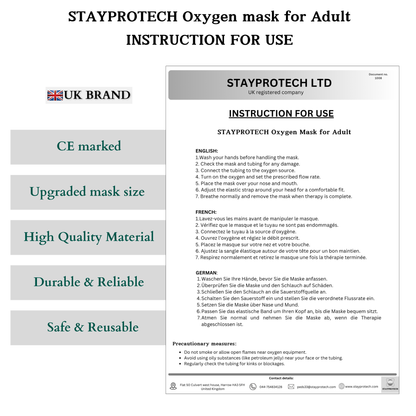 STAYPROTECH Oxygen Mask with 2.1m Tubing Medical Oxygen Mask for Adult. Enhances Oxygen Therapy at Home. Comfortable Fit, Adjustable Strap & Soft Medical Grade PVC.