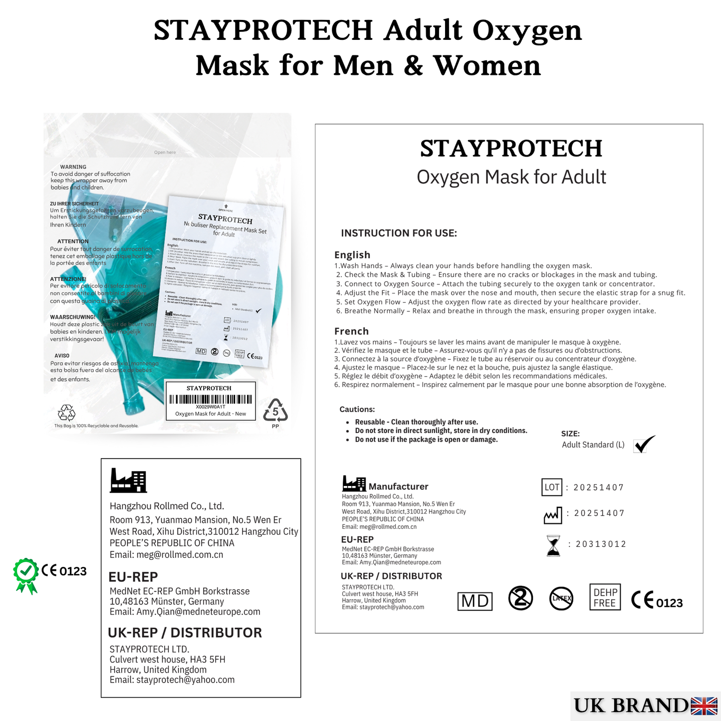STAYPROTECH Oxygen Mask with 2.1m Tubing Medical Oxygen Mask for Adult. Enhances Oxygen Therapy at Home. Comfortable Fit, Adjustable Strap & Soft Medical Grade PVC.