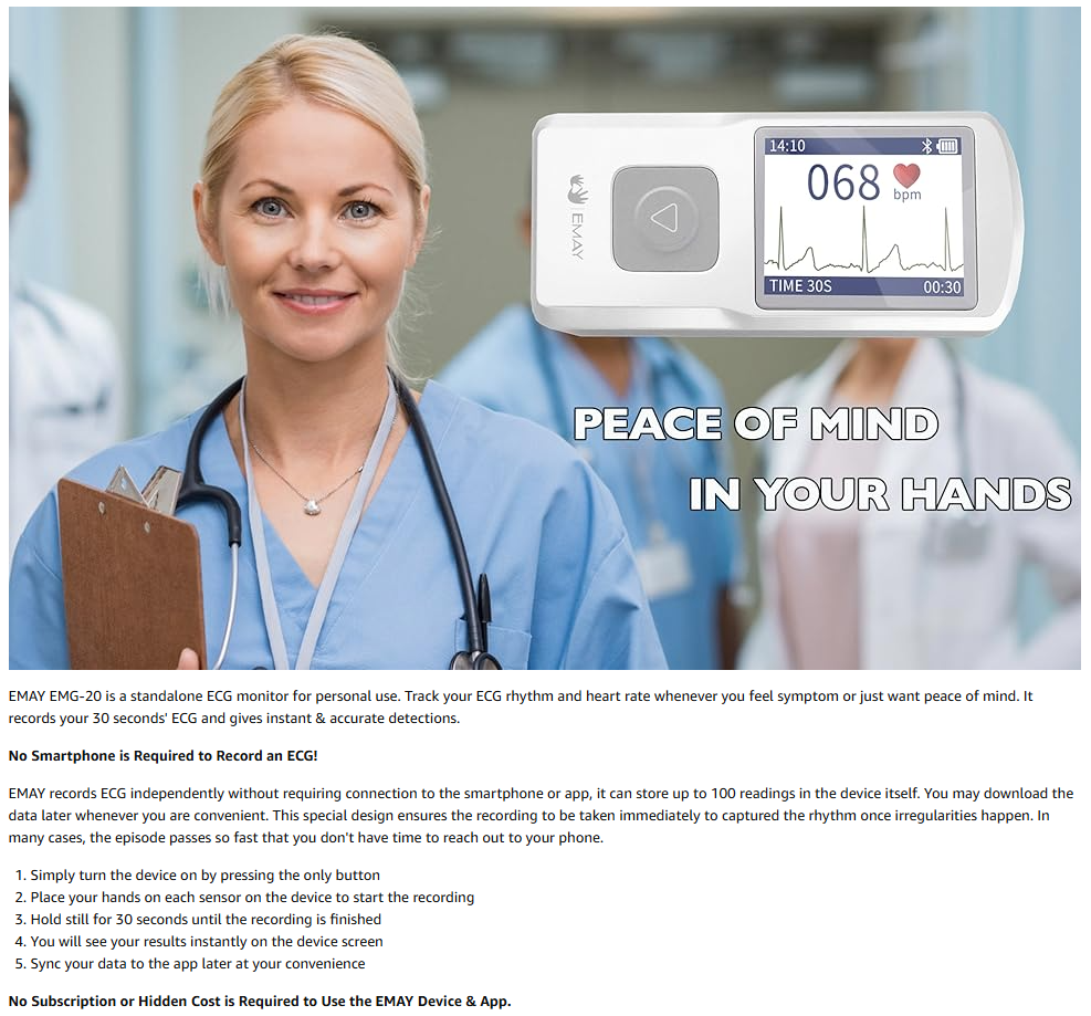 Portable ECG/EKG Monitor (Record ECG Without Smartphone) | Standalone Personal ECG Device with Screen & Data Storage | No Subscription Required