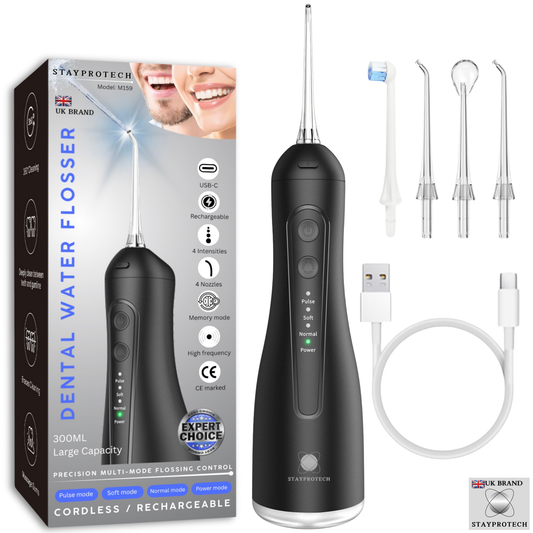 STAYPROTECH Water Flosser for Teeth Cordless and Rechargeable Dental Flosser. 300ml Tank capacity with 4 Nozzles, 4 Modes, Powerful Plaque Remover for Teeth (Black)