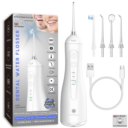 STAYPROTECH Water Flosser for Teeth Cordless and Rechargeable Dental Flosser. 300ml Tank capacity with 4 Nozzles, 4 Modes, Powerful Plaque Remover for Teeth.