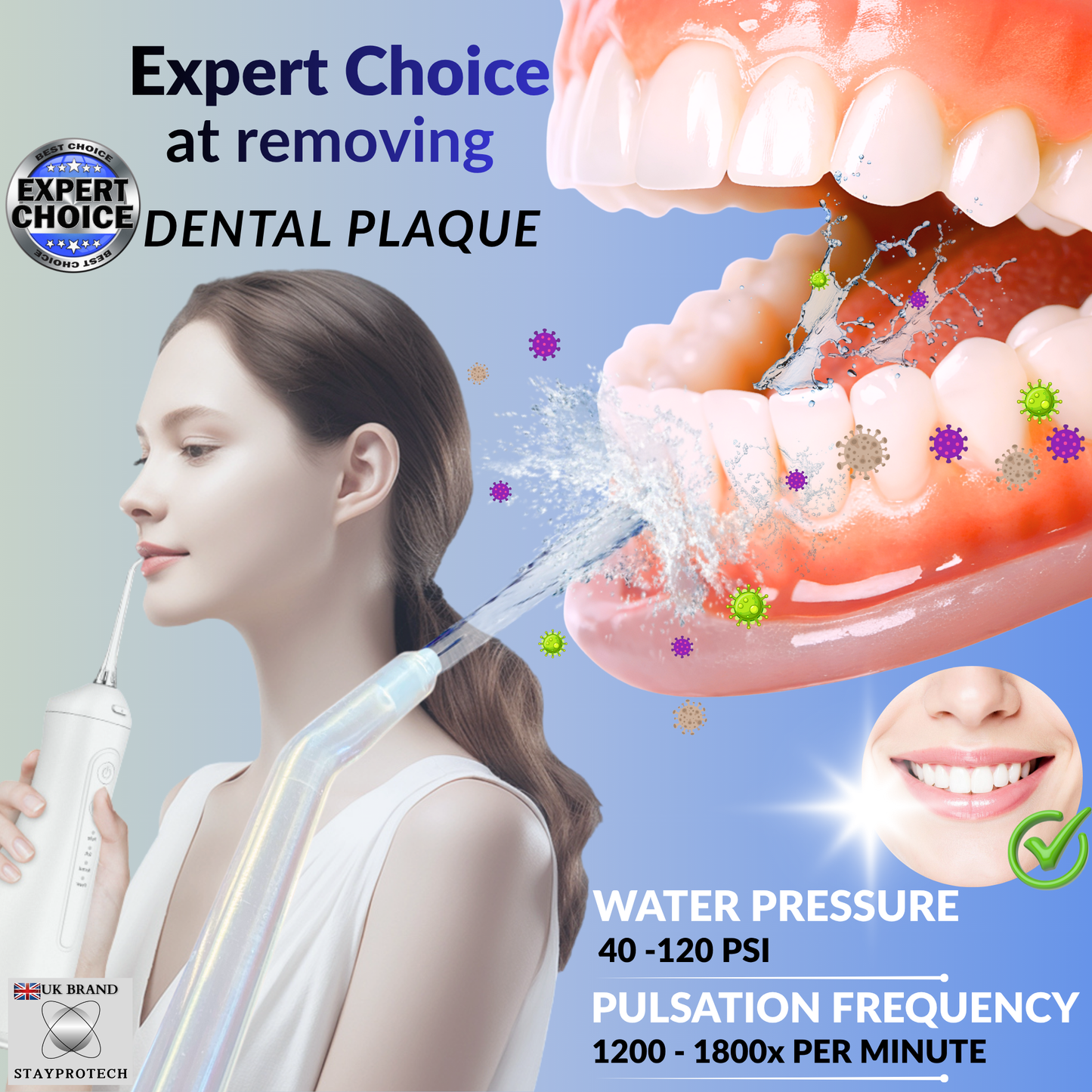 STAYPROTECH Water Flosser for Teeth Cordless and Rechargeable Dental Flosser. 300ml Tank capacity with 4 Nozzles, 4 Modes, Powerful Plaque Remover for Teeth (White)