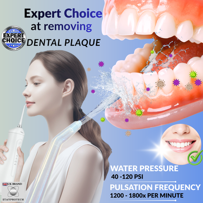 STAYPROTECH Water Flosser for Teeth Cordless and Rechargeable Dental Flosser. 300ml Tank capacity with 4 Nozzles, 4 Modes, Powerful Plaque Remover for Teeth (White)