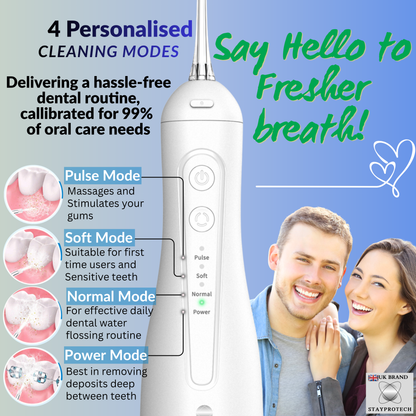 STAYPROTECH Water Flosser for Teeth Cordless and Rechargeable Dental Flosser. 300ml Tank capacity with 4 Nozzles, 4 Modes, Powerful Plaque Remover for Teeth (White)