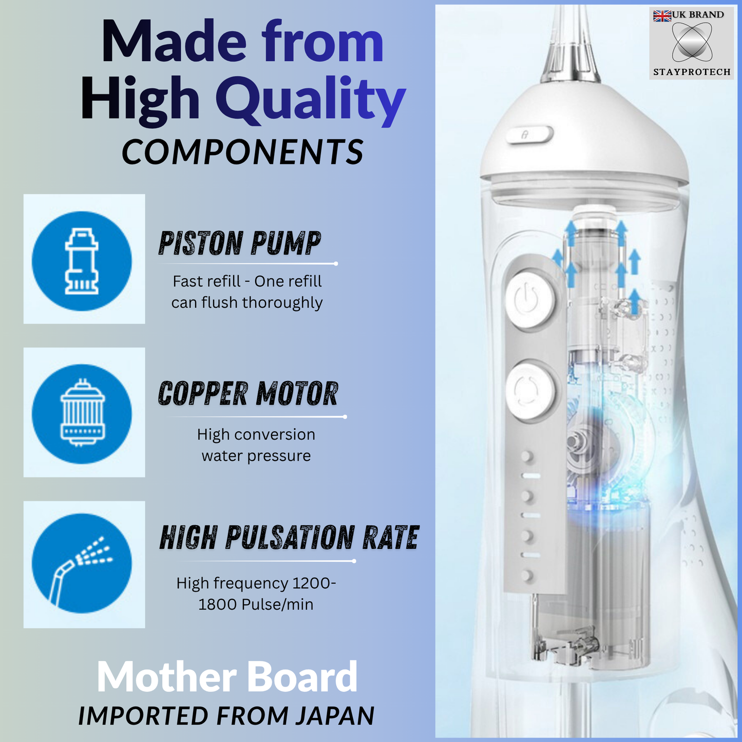 STAYPROTECH Water Flosser for Teeth Cordless and Rechargeable Dental Flosser. 300ml Tank capacity with 4 Nozzles, 4 Modes, Powerful Plaque Remover for Teeth (White)