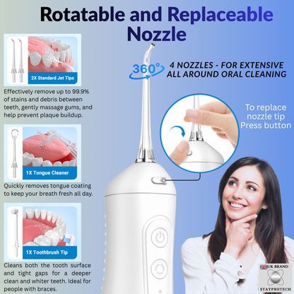 STAYPROTECH Water Flosser for Teeth Cordless and Rechargeable Dental Flosser. 300ml Tank capacity with 4 Nozzles, 4 Modes, Powerful Plaque Remover for Teeth (White)