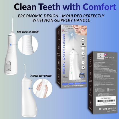 STAYPROTECH Water Flosser for Teeth Cordless and Rechargeable Dental Flosser. 300ml Tank capacity with 4 Nozzles, 4 Modes, Powerful Plaque Remover for Teeth (White)