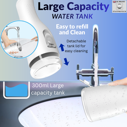 STAYPROTECH Water Flosser for Teeth Cordless and Rechargeable Dental Flosser. 300ml Tank capacity with 4 Nozzles, 4 Modes, Powerful Plaque Remover for Teeth (White)