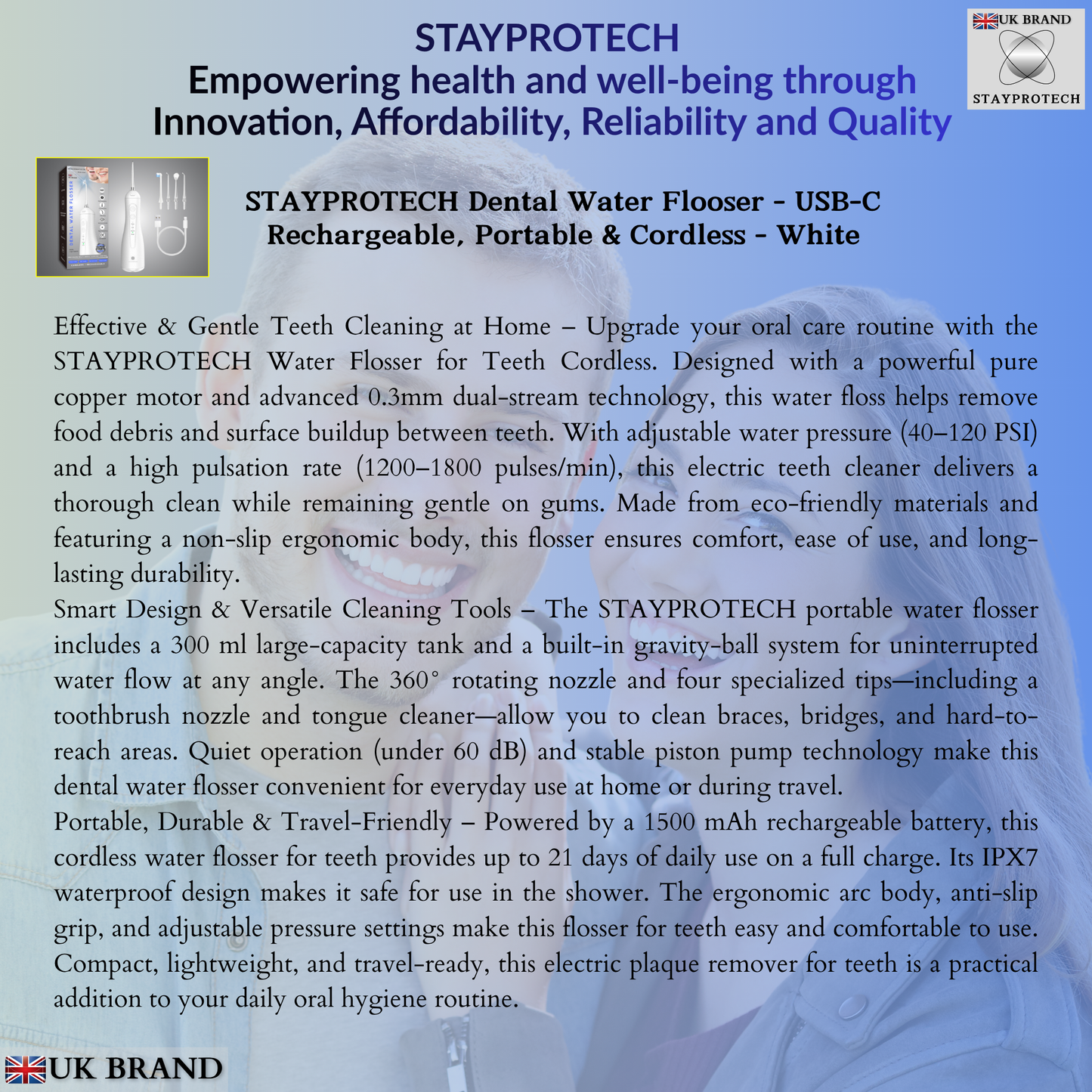 STAYPROTECH Water Flosser for Teeth Cordless and Rechargeable Dental Flosser. 300ml Tank capacity with 4 Nozzles, 4 Modes, Powerful Plaque Remover for Teeth (White)