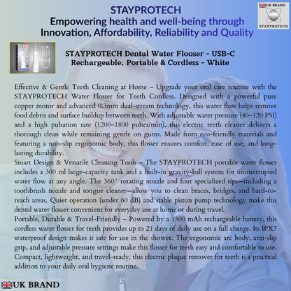 STAYPROTECH Water Flosser for Teeth Cordless and Rechargeable Dental Flosser. 300ml Tank capacity with 4 Nozzles, 4 Modes, Powerful Plaque Remover for Teeth (White)