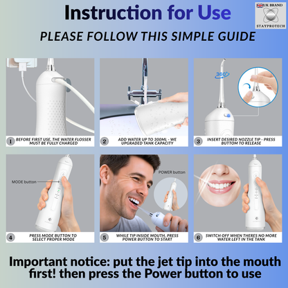 STAYPROTECH Water Flosser for Teeth Cordless and Rechargeable Dental Flosser. 300ml Tank capacity with 4 Nozzles, 4 Modes, Powerful Plaque Remover for Teeth (White)