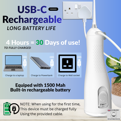 STAYPROTECH Water Flosser for Teeth Cordless and Rechargeable Dental Flosser. 300ml Tank capacity with 4 Nozzles, 4 Modes, Powerful Plaque Remover for Teeth (White)