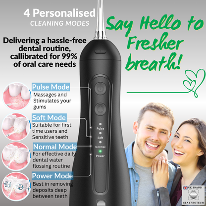 STAYPROTECH Water Flosser for Teeth Cordless and Rechargeable Dental Flosser. 300ml Tank capacity with 4 Nozzles, 4 Modes, Powerful Plaque Remover for Teeth (Black)