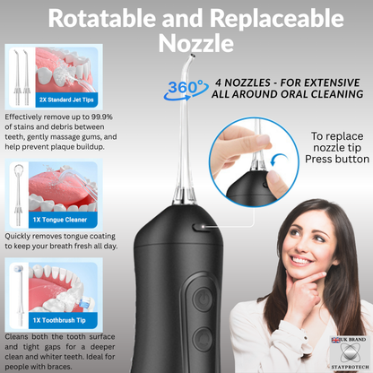 STAYPROTECH Water Flosser for Teeth Cordless and Rechargeable Dental Flosser. 300ml Tank capacity with 4 Nozzles, 4 Modes, Powerful Plaque Remover for Teeth (Black)