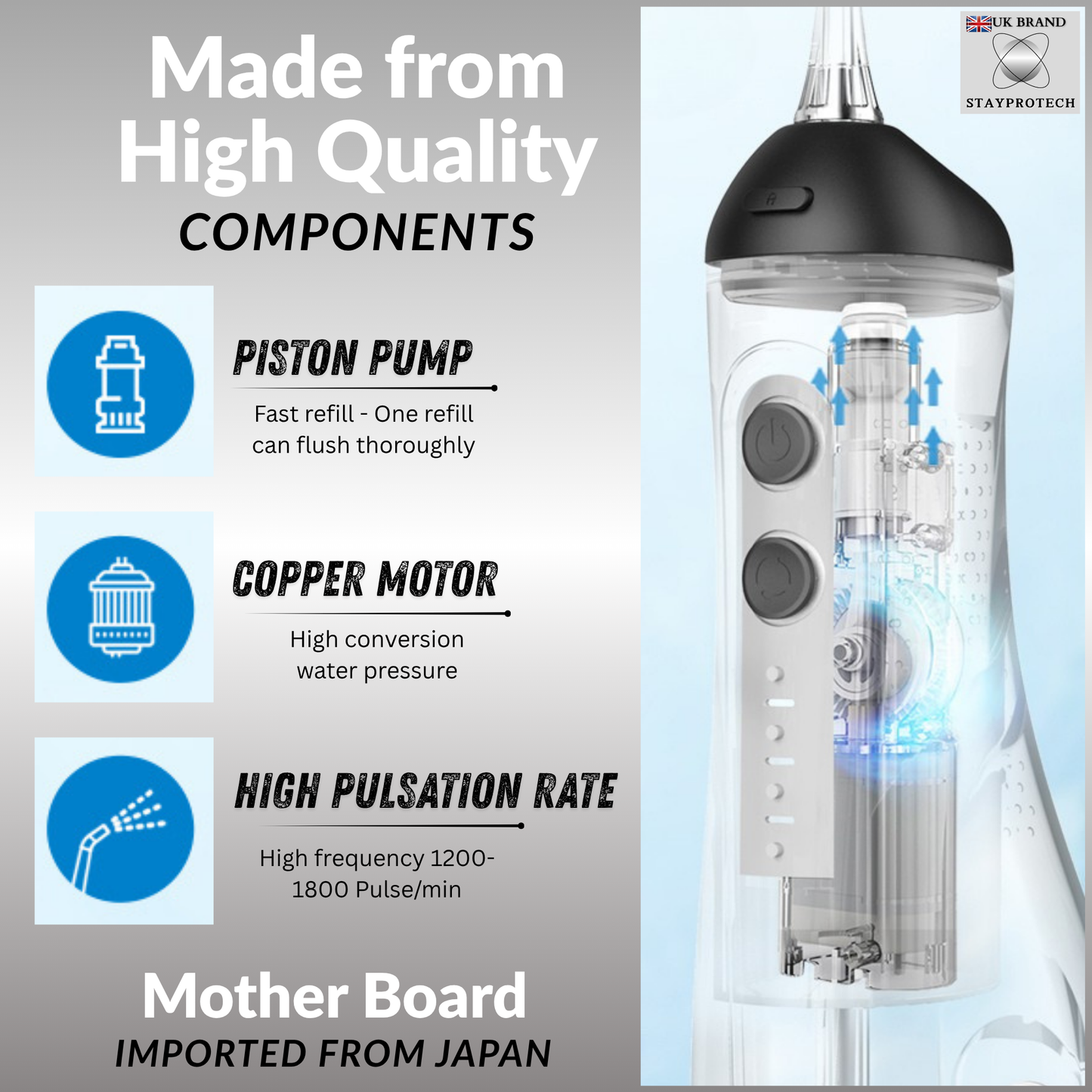STAYPROTECH Water Flosser for Teeth Cordless and Rechargeable Dental Flosser. 300ml Tank capacity with 4 Nozzles, 4 Modes, Powerful Plaque Remover for Teeth (Black)