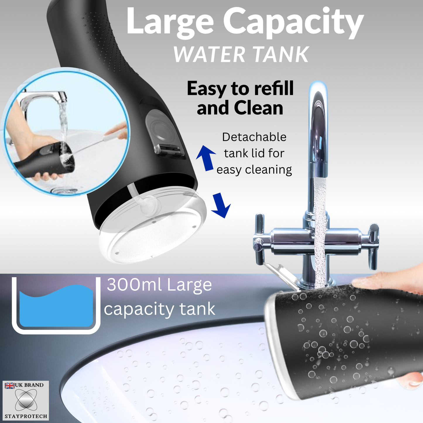 STAYPROTECH Water Flosser for Teeth Cordless and Rechargeable Dental Flosser. 300ml Tank capacity with 4 Nozzles, 4 Modes, Powerful Plaque Remover for Teeth (Black)