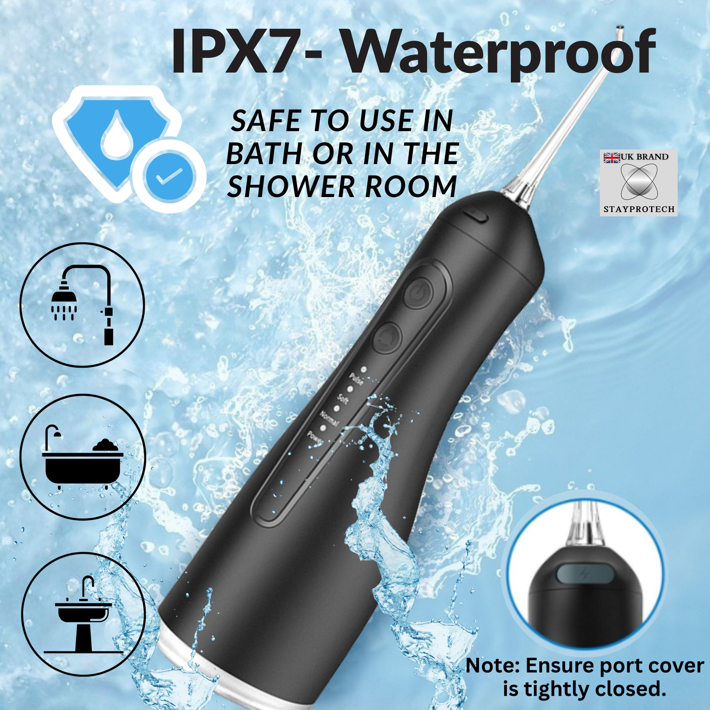 STAYPROTECH Water Flosser for Teeth Cordless and Rechargeable Dental Flosser. 300ml Tank capacity with 4 Nozzles, 4 Modes, Powerful Plaque Remover for Teeth (Black)