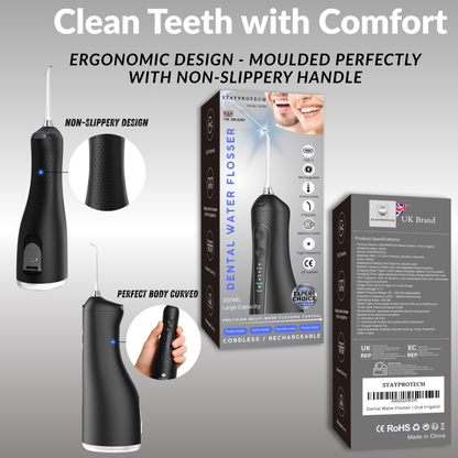 STAYPROTECH Water Flosser for Teeth Cordless and Rechargeable Dental Flosser. 300ml Tank capacity with 4 Nozzles, 4 Modes, Powerful Plaque Remover for Teeth (Black)