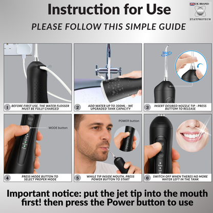 STAYPROTECH Water Flosser for Teeth Cordless and Rechargeable Dental Flosser. 300ml Tank capacity with 4 Nozzles, 4 Modes, Powerful Plaque Remover for Teeth (Black)