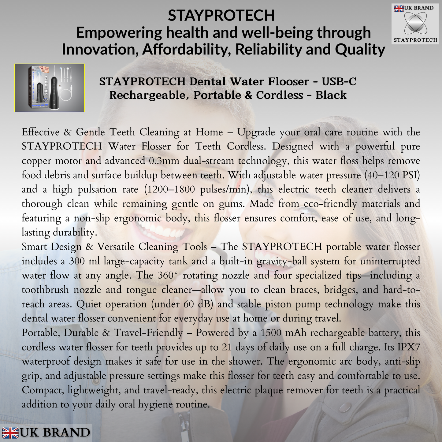 STAYPROTECH Water Flosser for Teeth Cordless and Rechargeable Dental Flosser. 300ml Tank capacity with 4 Nozzles, 4 Modes, Powerful Plaque Remover for Teeth (Black)