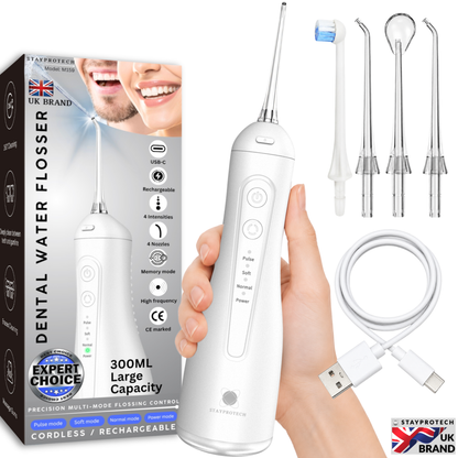 STAYPROTECH Water Flosser for Teeth Cordless and Rechargeable Dental Flosser. 300ml Tank capacity with 4 Nozzles, 4 Modes, Powerful Plaque Remover for Teeth (White)
