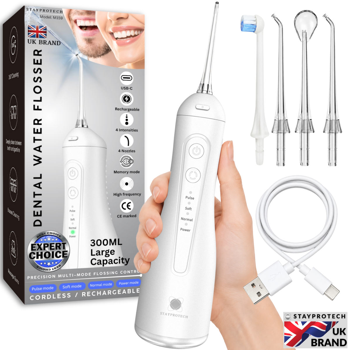 STAYPROTECH Water Flosser for Teeth Cordless and Rechargeable Dental Flosser. 300ml Tank capacity with 4 Nozzles, 4 Modes, Powerful Plaque Remover for Teeth (White)
