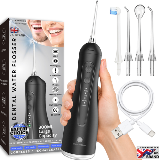 STAYPROTECH Water Flosser for Teeth Cordless and Rechargeable Dental Flosser. 300ml Tank capacity with 4 Nozzles, 4 Modes, Powerful Plaque Remover for Teeth (Black)