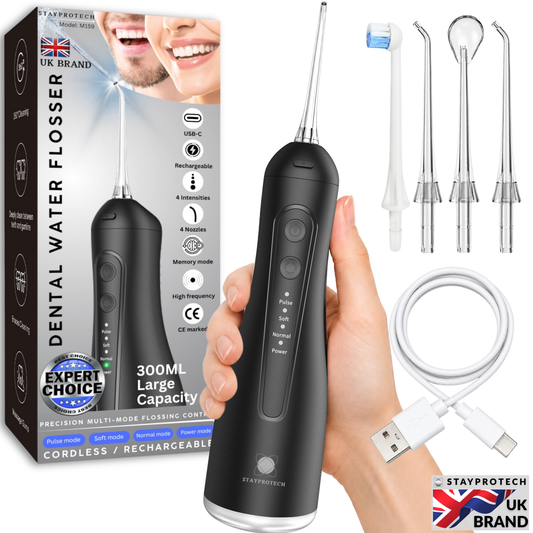 STAYPROTECH Water Flosser for Teeth Cordless and Rechargeable Dental Flosser. 300ml Tank capacity with 4 Nozzles, 4 Modes, Powerful Plaque Remover for Teeth (Black)